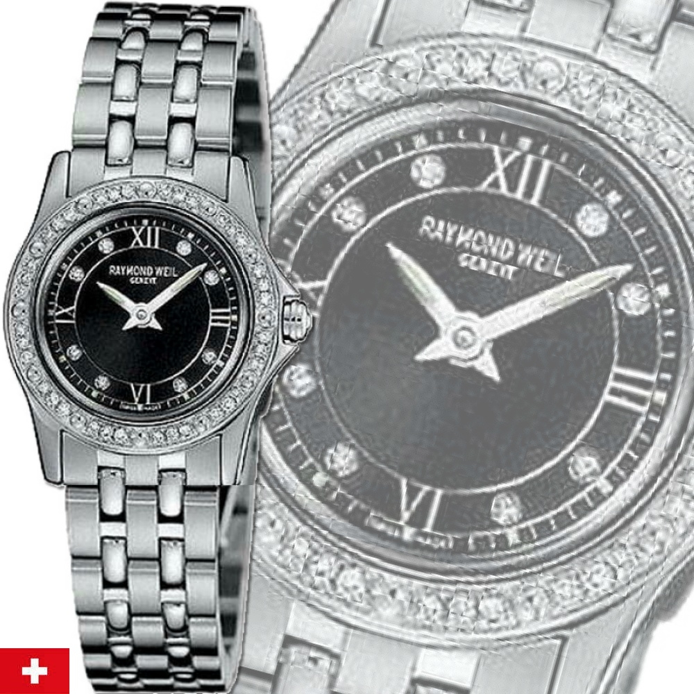 Raymond Weil 蕾蒙威 Tango探戈 44真鑽黑面石英女款22㎜ R01(5790-STS-00295)