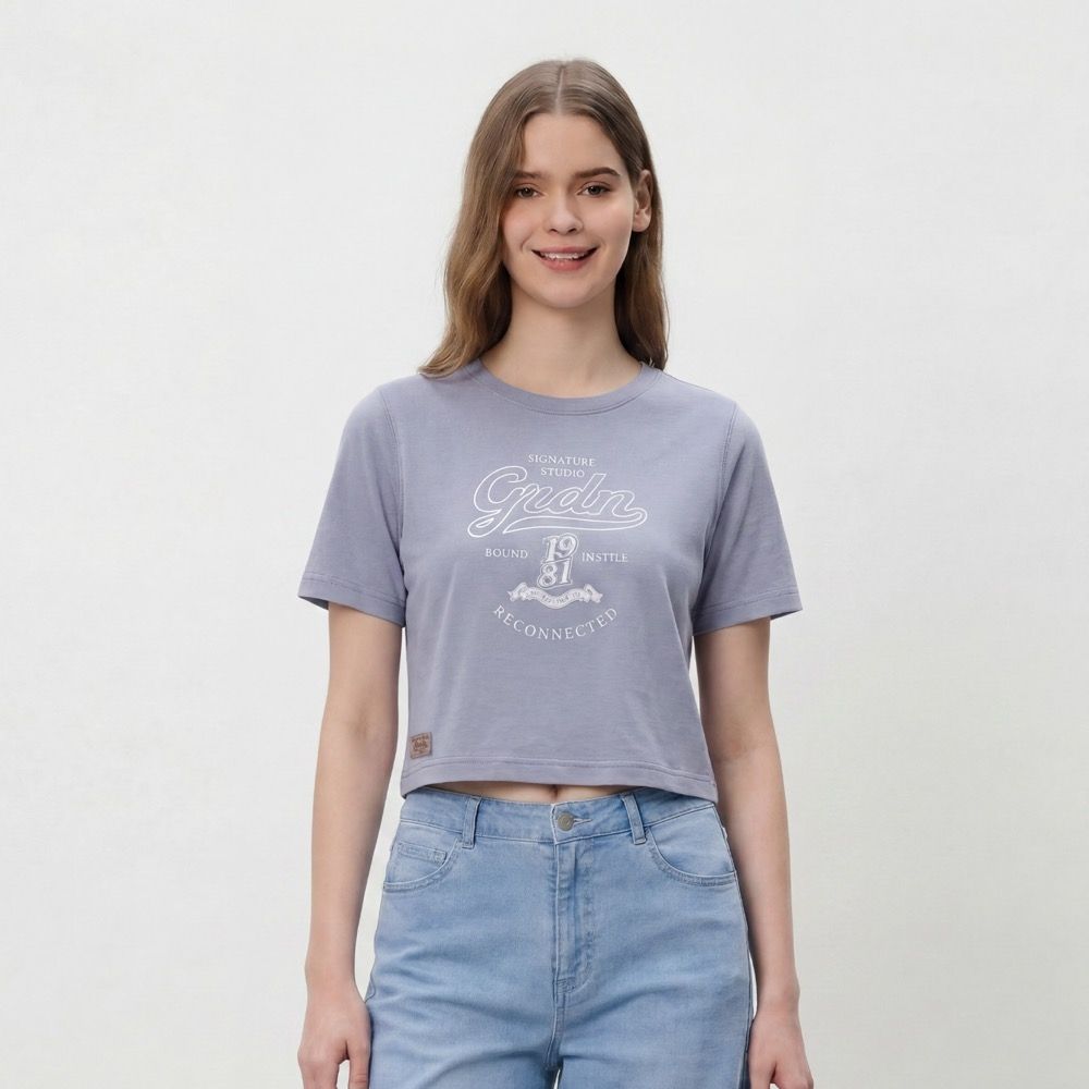 GIORDANO 女裝時尚短版印花純棉短T (62 暮光藍)