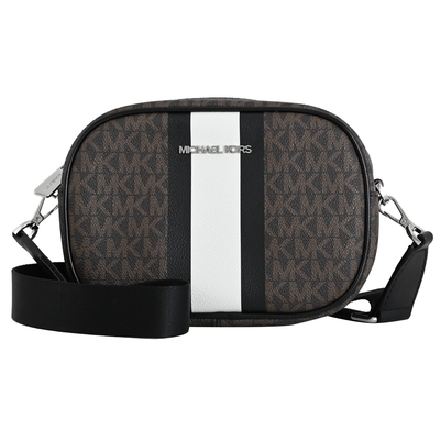 MICHAEL KORS JET SET TRAVEL 經典印花條紋拉鍊斜背包(深咖/銀釦)