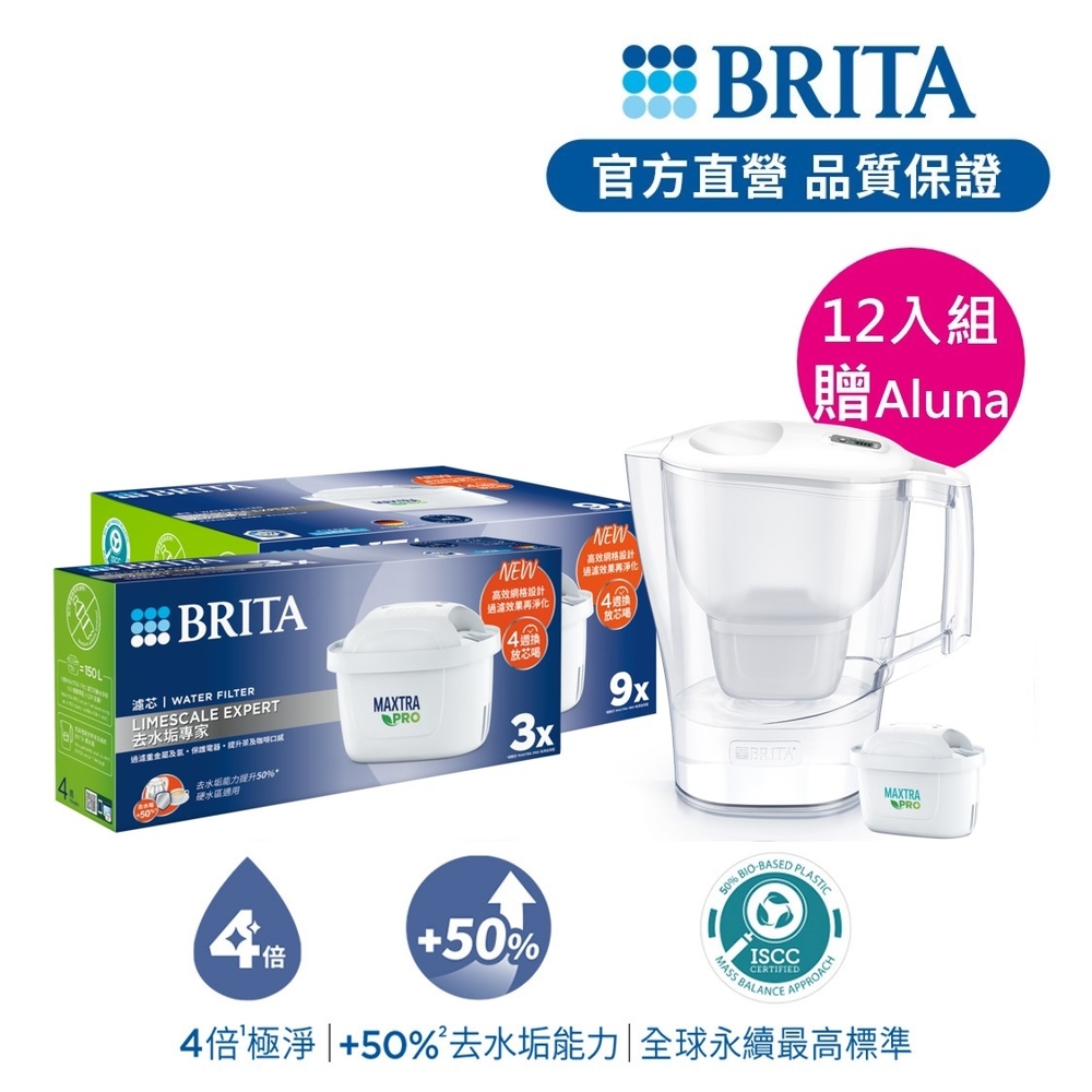 【BRITA官方】 MAXTRA PRO濾芯 去水垢專家 12入 贈Aluna濾水壺(含1芯)