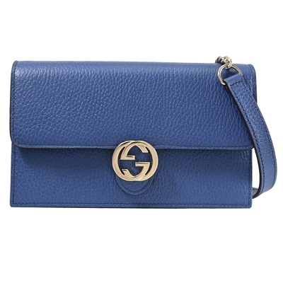 GUCCI 古馳 金屬雙G LOGO荔枝牛皮斜背鍊包(寶藍)