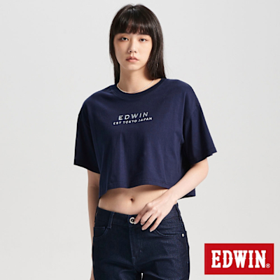 EDWIN 女裝 簡約刺繡印花寬短版短袖T恤-丈青色
