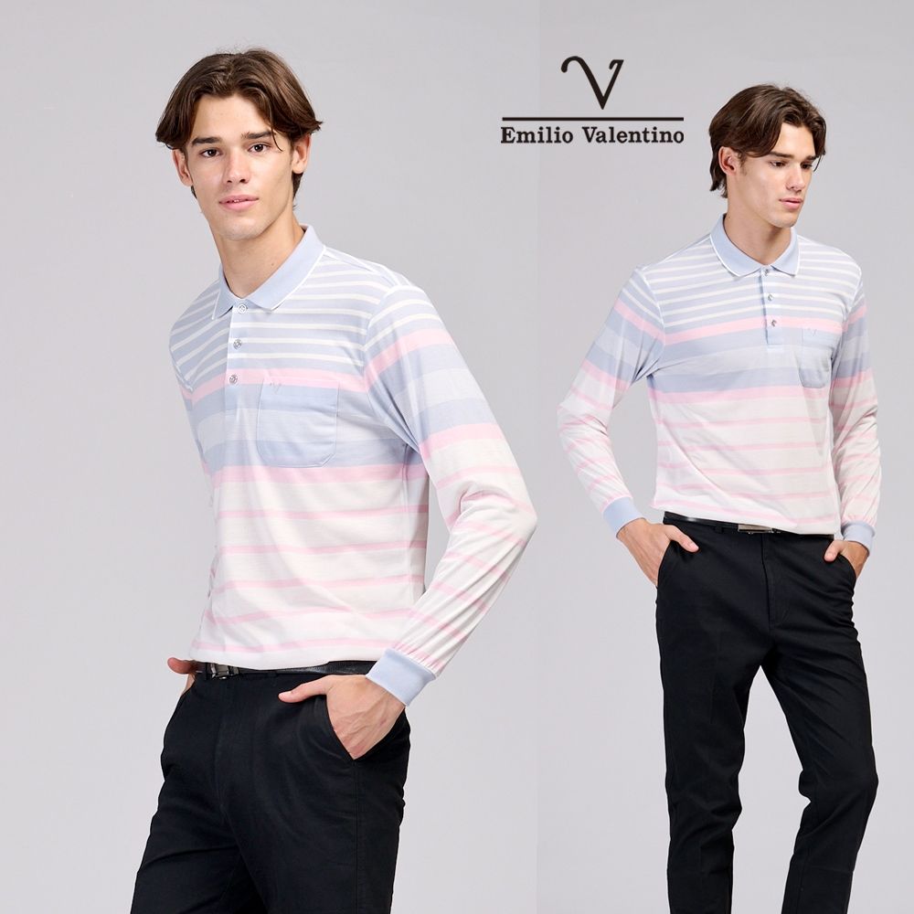 Emilio Valentino 范倫鐵諾 男 長袖POLO衫 棉質舒適透氣 口袋 上衣 薄長袖 新品_粉/灰/白(21-6V0850)