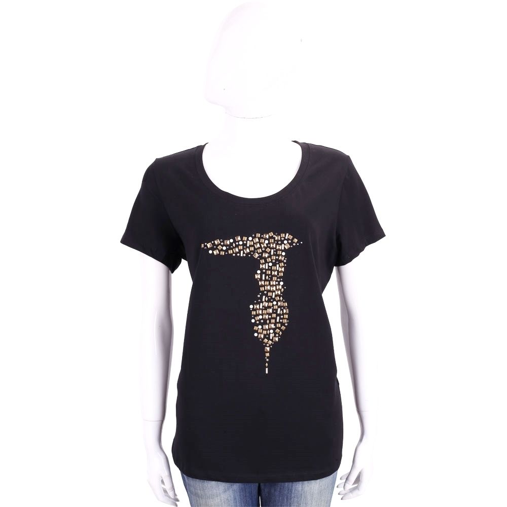 TRUSSARDI T Logo創意貼飾棉質短袖TEE T恤-多色可選 (雙色貼飾-黑色)