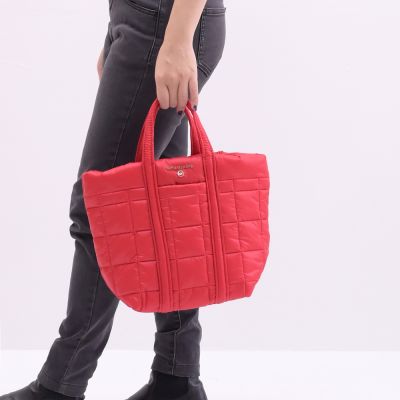 MICHAEL KORS STIRKING 金屬LOGO格紋空氣尼龍手提小托特包(紅)