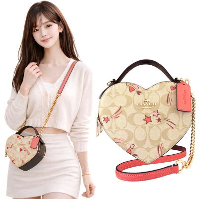 COACH 卡其色大C PVC愛心造型雙層鍊帶手提/斜背兩用包