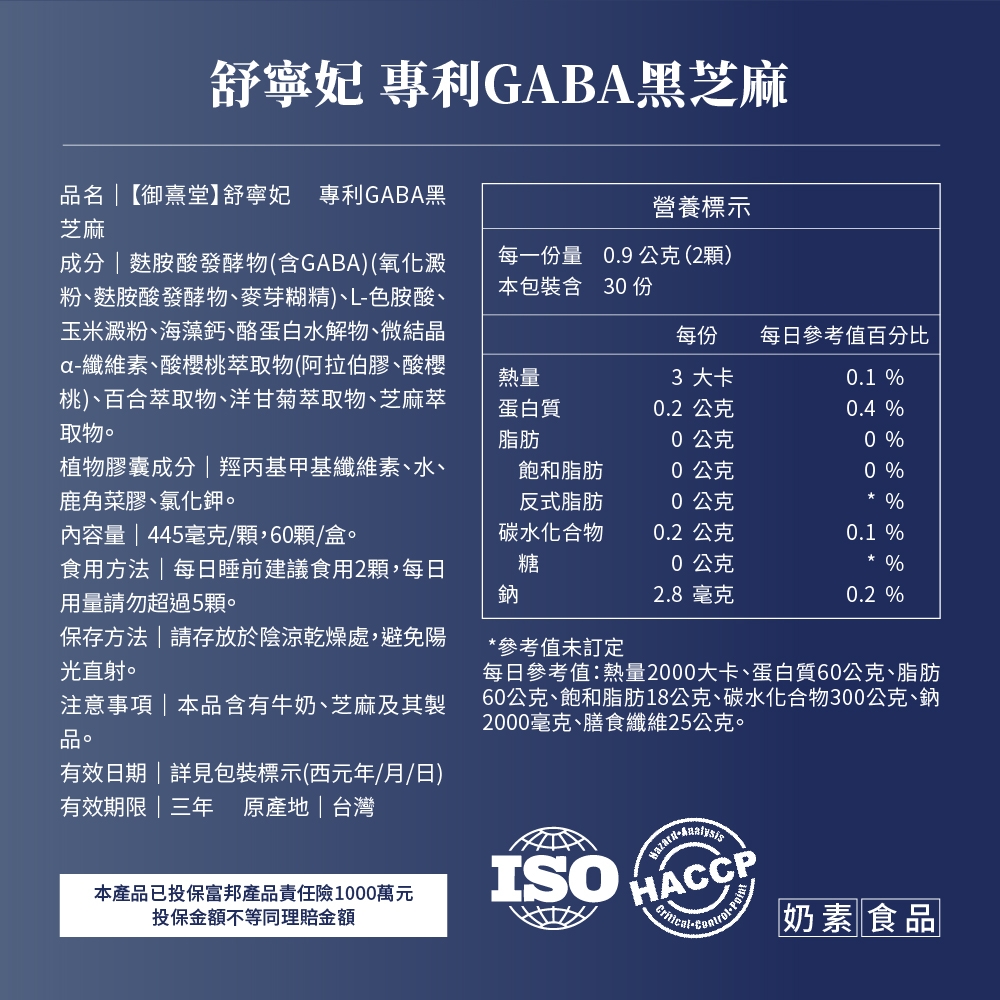 舒寧妃 專利GABA黑芝麻品名御熹堂】舒寧妃 專利GABA黑芝麻營養標示成分麩胺酸發酵物(含GABA)(氧化澱粉、麩胺酸發酵物、麥芽糊精)、L色胺酸、玉米澱粉、海藻鈣、酪蛋白水解物、微結晶a纖維素、酸櫻桃萃取物(阿拉伯膠、酸櫻桃)、百合萃取物、洋甘菊萃取物、芝麻萃取物。每一份量 0.9公克(2顆)本包裝含 30 份每份每日參考值百分比熱量3 大卡0.1 %蛋白質脂肪0.2 公克0.4 %0公克0 %植物膠囊成分羥丙基甲基纖維素、水、鹿角菜膠、氯化鉀。飽和脂肪0公克0 %反式脂肪0公克 %內容量 | 445毫克/顆,60顆/盒。碳水化合物0.2 公克0.1 %食用方法|每日睡前建議食用2顆,每日用量請勿超過5顆。糖0公克%鈉2.8毫克0.2 %保存方法 請存放於陰涼乾燥處,避免陽光直射。注意事項|本品含有牛奶、芝麻及其製有效日期|詳見包裝標示(西元年/月/日)有效期限|三年 原產地|台灣*參考值未訂定每日參考值熱量2000大卡、蛋白質60公克、脂肪60公克、飽和脂肪18公克、碳水化合物300公克、鈉2000毫克、膳食纖維25公克。本產品已投保富邦產品責任險1000萬元投保金額不等同理賠金額 ISO --奶素食品