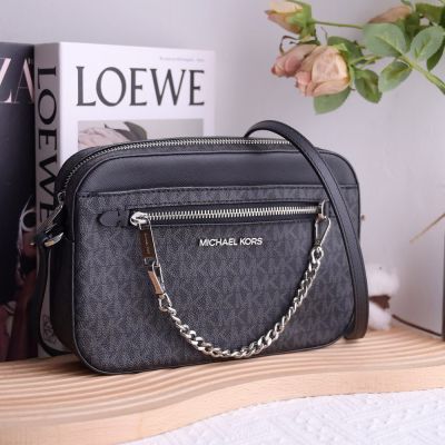 MICHAEL KORS  JET SET 經典PVC拼接拉鍊斜背方包(黑灰)