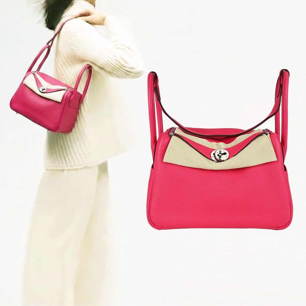Hermes 愛馬仕 Lindy 26CM T/C Z刻 牛皮轉釦手提/斜背兩用包(I6 極致玫瑰粉/銀釦)