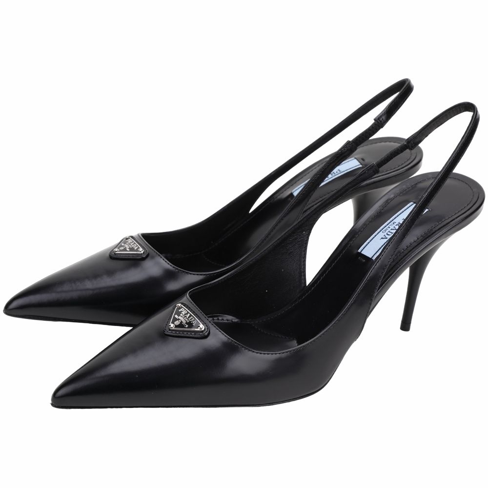 PRADA 普拉達 Patent / Spazzolato 三角牌牛皮尖頭鞋 穆勒鞋-多款可選 (Spazzolato拋光露跟尖頭穆勒鞋9CM-黑色)