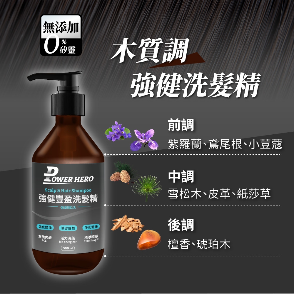 無添加D%矽靈 HEROScalp  Hair Shampoo強健豐盈洗髮精強韌賦活強化控油濃密根淨化舒緩左旋肉鹼LCLTBio energizer活力海藻(500ml)植萃精華CalmYang木質調強健洗髮精前調紫羅蘭、鳶尾根、小荳蔻中調雪松木、皮革、紙莎草後調檀香、琥珀木
