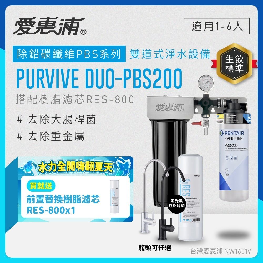 EVERPURE愛惠浦 櫥下型 PURVIVE Duo-PBS200兩道式生飲淨水器(雙色無鉛龍頭任選/前置樹脂)