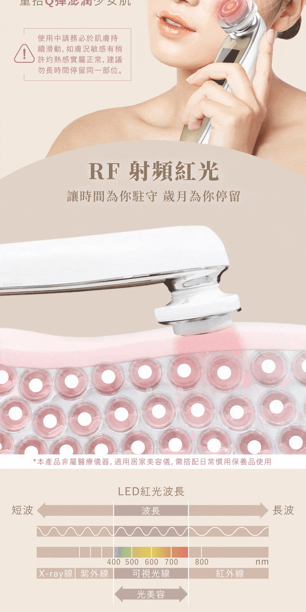 短波使用申請務必於肌膚續滑動,如膚況敏感有許灼熱感實屬正常,建議勿長時間停留同一部位。RF射頻紅光讓時間為你駐守歲月為你停留*本產品非屬醫療儀器,適用居家美容儀,需搭配日常慣用保養品使用LED紅光波長波長400 500 600 700800nmX-ray線 紫外線可視光線紅外線光美容長波