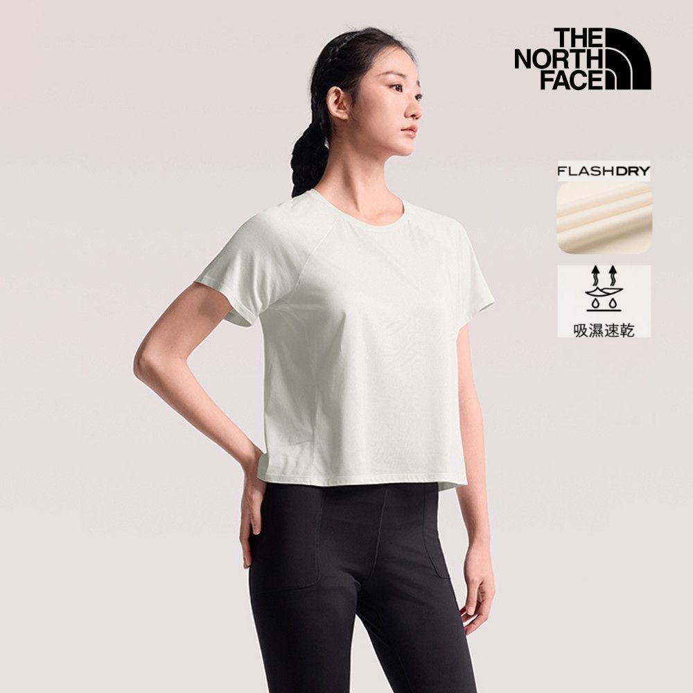 【The North Face 官方旗艦】北面女款白色FLASHDRY速乾柔軟短袖T恤｜8GXWQNI 排汗衫