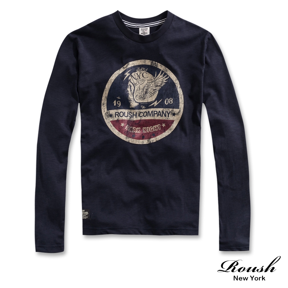 Roush 復古骷髏飛行帽重磅水洗長TEE(2411503) (深藍)