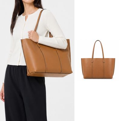 TORY BURCH PERRY燙金LOGO牛皮托特包(經典棕)