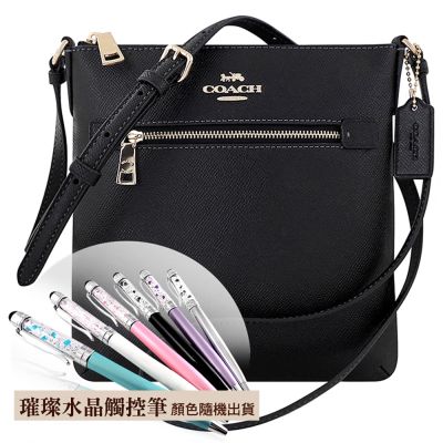 COACH 黑色防刮皮革斜背包+璀璨水晶觸控筆