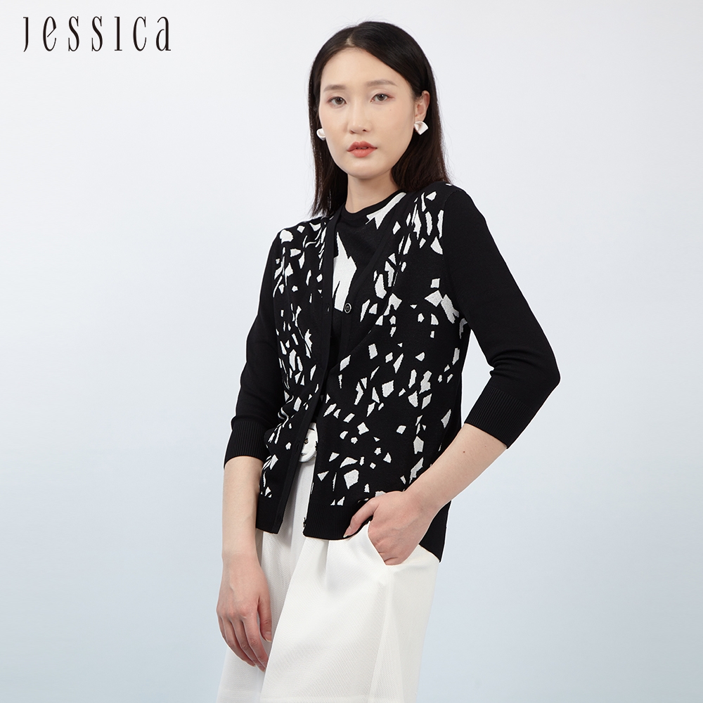 JESSICA - 百搭幾何印花V領針織開衫外套233243