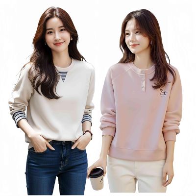 初色  韓系假兩件氣質減齡長袖大學T衛衣上衣女上衣-12款任選-15482(M-2XL可選)