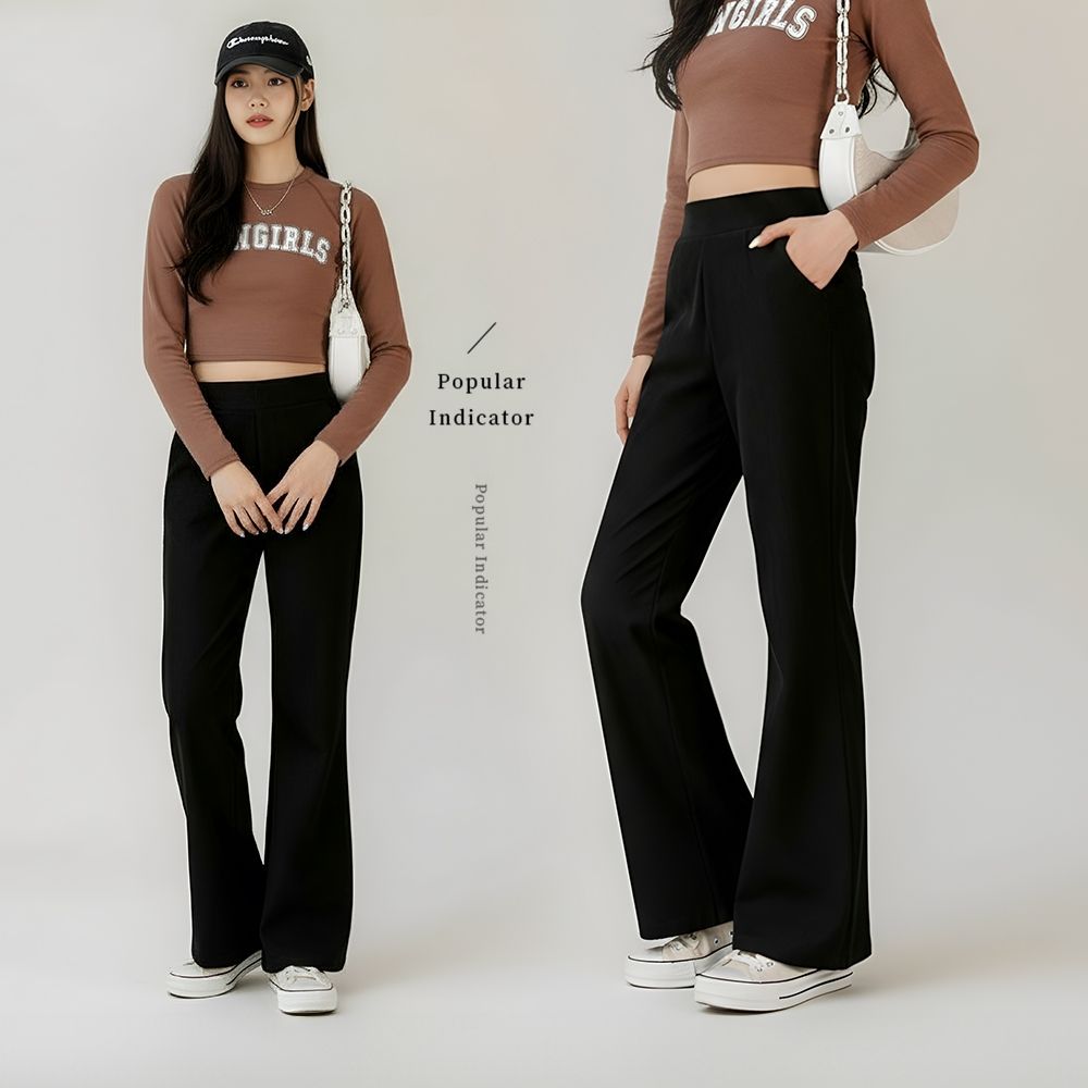【Amore】通勤百搭多款長褲12款MXXL 直筒褲 喇叭褲 西裝褲女 直筒寬褲 (小喇叭褲-黑色)