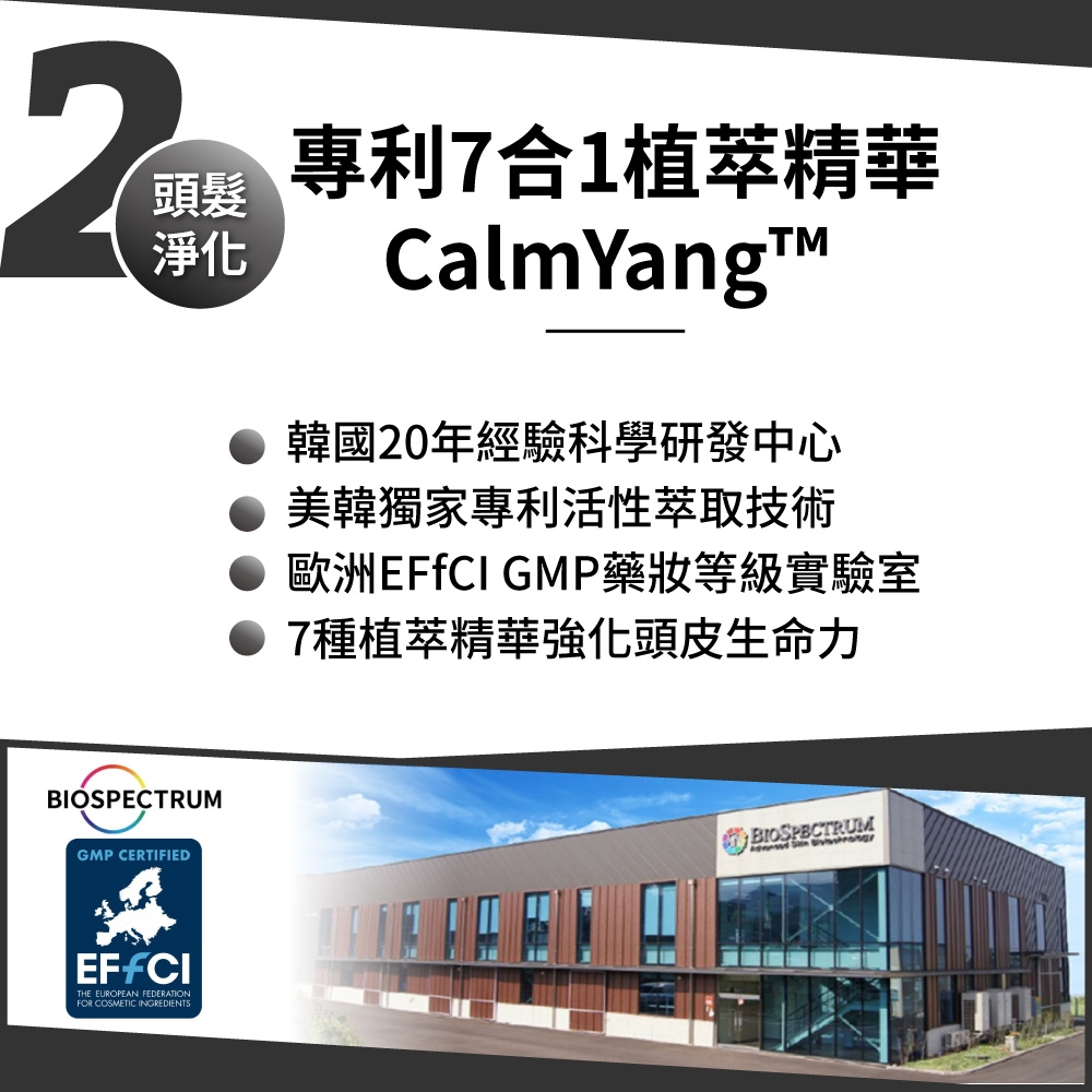 2頭髮淨化專利7合1植萃精華Calm Yang韓國20年經驗科學研發中心 美韓獨家專利活性萃取技術歐洲EFfCI GMP藥等級實驗室7種植萃精華強化頭皮生命力BIOSPECTRUMGMP CERTIFIEDTHE EUROPEAN FEDERATIONFOR COSMETIC INGREDIENTSBIOSPECTRUM