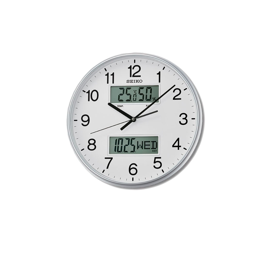 SEIKO 日本精工 雙顯 溫度/溼度/日期 靜音掛鐘(QXL013S)-白/33cm