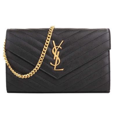 YSL Saint Laurent聖羅蘭 YSL YSL金字山形紋魚子醬皮革金鍊帶斜背包(黑)