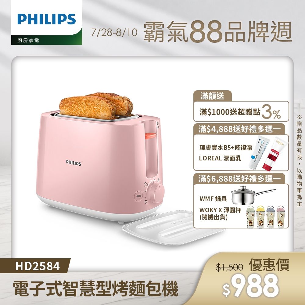 【Philips 飛利浦】電子式智慧型烤麵包機_HD2584(瑰蜜粉)