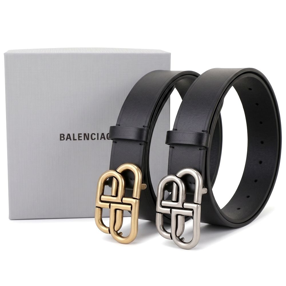 BALENCIAGA 巴黎世家 BB 35mm 復古金屬標誌小牛皮腰帶-2色可選 (銀釦-黑色)