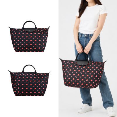 LONGCHAMP X心有所屬EU聯名LE PLIAGE系列尼龍短把手提旅行袋(大/黑)