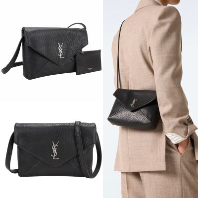 YSL Saint Laurent CASSANDRE 銀字揉製羊皮信封式手拿 斜背包(黑色)