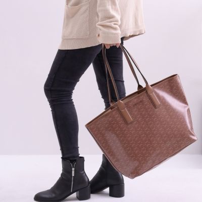 MICHAEL KORS JODIE MK印花塗層帆布肩背托特購物包(咖 大-全新福利品)