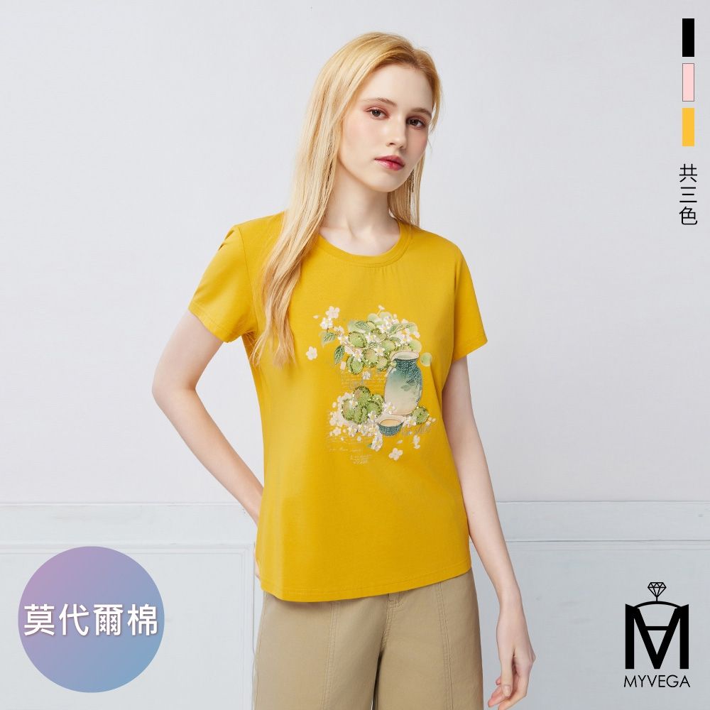 MYVEGA麥雪爾 MA莫代爾棉親膚感亮片花卉刺繡印花T恤上衣-共三色 (黑)