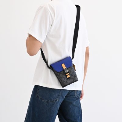 COACH Track 經典C字印花拼色翻蓋釦式斜背包(黑灰/藍)