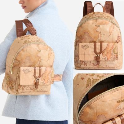 Alviero Martini 義大利地圖包 超輕量尼龍 前口袋拉鍊後背包31cm-地圖黃x咖啡色