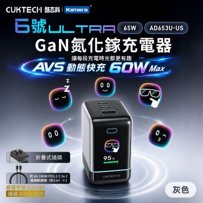 CUKTECH 酷態科 6號Ultra GaN 65W 氮化鎵 充電器套裝 AD653U-US 2C1A三口快充 筆電 手機