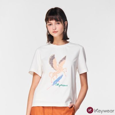 KeyWear奇威名品 飛馬圖案工藝休閒寬鬆短袖上衣-白色