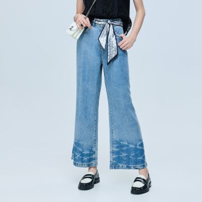 ILEY伊蕾 絲巾彈性寬直筒牛仔褲(藍；M-XL)