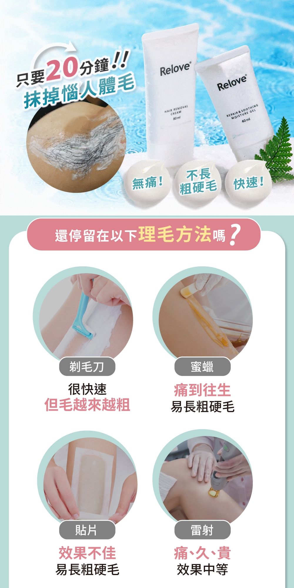只要20分鐘!!抹掉惱人體毛ReloveRelove HAIR REMOVALCREAM80mlREPAIR & SOOTHINGMOISTURE GEL40ml無痛!不長粗硬毛快速!還停留在以下理毛方法嗎?剃毛刀很快速但毛越來越粗蜜蠟痛到往生易長粗硬毛貼片效果不佳易長粗硬毛雷射痛、久、貴效果中等