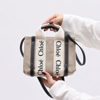 CHLOE Woody Mini系列經典LOGO織布帆布迷你款兩用托特包(藍黑邊)