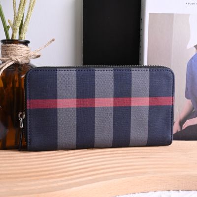 BURBERRY 巴寶莉 經典格紋帆布ㄇ字拉鍊長夾(深藍)