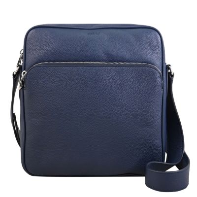 BALLY SOREL 烙印LOGO經典荔枝牛皮拉鍊斜背包(深藍)