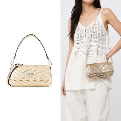 TORY BURCH KIRA 雙T字LOGO斜紋衍縫肩/斜兩用包(金)