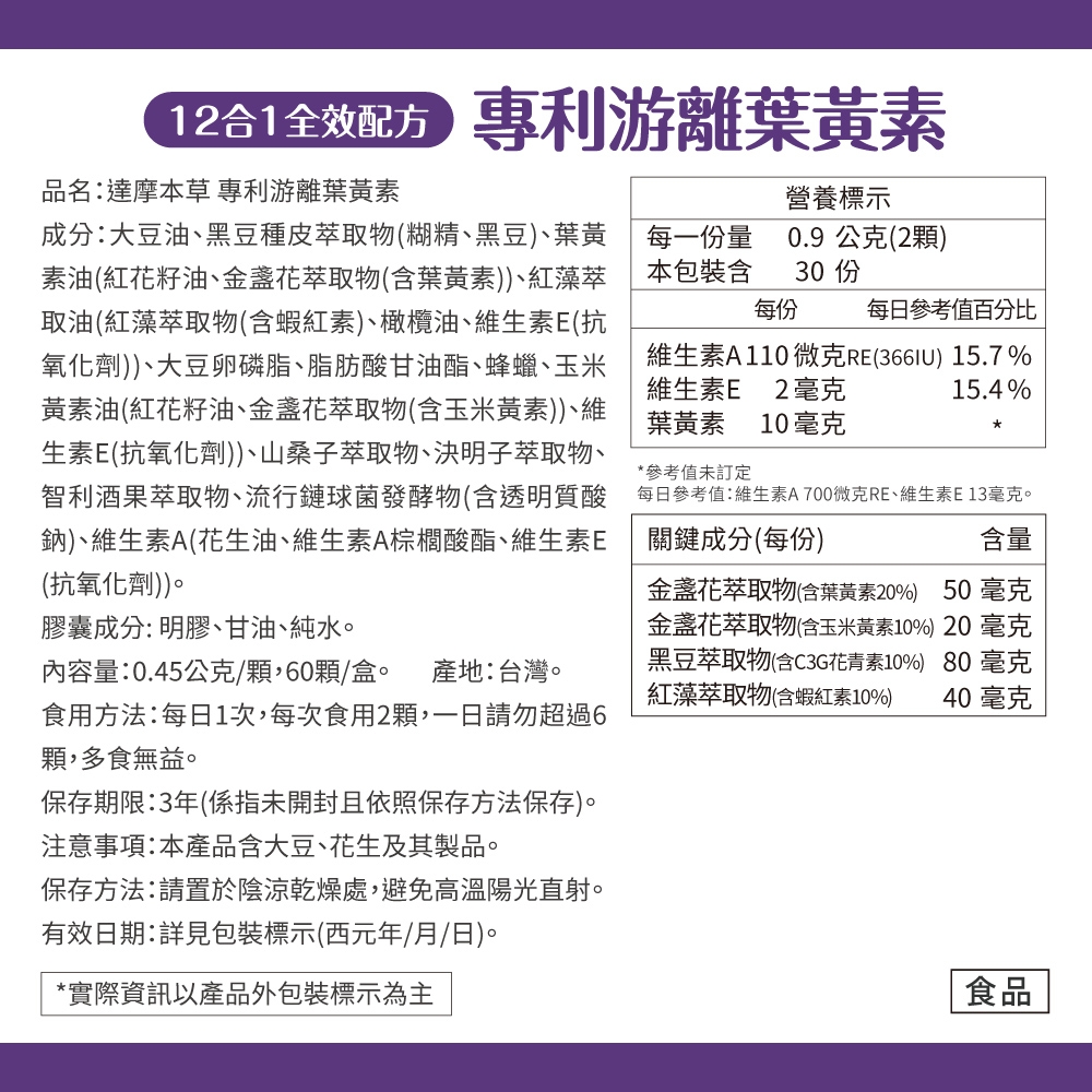 專利游離葉黃素品名:達摩本草 專利游離葉黃素成分:大豆油黑豆種皮萃取物(糊精、黑豆)、葉黃素油(紅花籽油、金盞花萃取物(含葉黃素))、紅藻萃取油(紅藻萃取物(含蝦紅素)、橄欖油、維生素E(抗氧化劑))、大豆卵磷脂、脂肪酸甘油酯、蜂蠟、玉米黃素油(紅花籽油、金盞花萃取物(含玉米黃素))、維生素E(抗氧化劑))、山桑子萃取物、決明子萃取物、智利酒果萃取物、流行鏈球菌發酵物(含透明質酸鈉)、維生素A(花生油、維生素A棕櫚酸酯、維生素E(抗氧化劑))。膠囊成分: 明膠、甘油、純水。內容量:0.45公克/60顆/盒。 產地:台灣。食用方法:每日1次,每次食用2顆,請勿超過6顆,多食無益。營養標示每一份量本包裝含0.9 公克(2顆)30 每份每日參考值百分比維生素A110微克RE()15.7%維生素E 2毫克15.4%葉黃素 10毫克參考值未訂定*每日參考值:維生素A 700微克RE、維生素E13毫克。關鍵成分(每份)含量金盞花萃取物(含葉黃素20%) 50毫克金盞花萃取物(含玉米黃素10%) 20毫克黑豆萃取物(含C3G花青素10%) 80 毫克紅藻萃取物(含蝦紅素10%) 40 毫克保存期限:3年(係指未開封且依照保存方法保存)。注意事項:本產品含大豆、花生及其製品。保存方法:請置於陰涼乾燥處,避免高溫陽光直射。有效日期:詳見包裝標示(西元年/月/日)。*實際資訊以產品外包裝標示為主食品