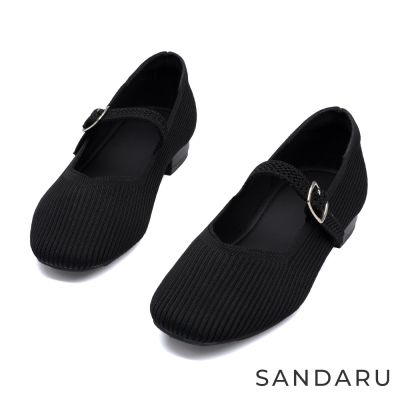 山打努SANDARU-瑪莉珍 方頭直紋編織低跟瑪莉珍鞋-黑