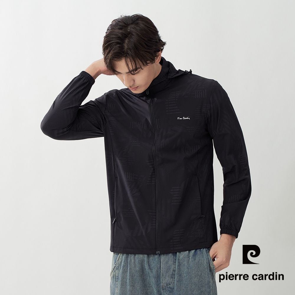 pierre cardin 皮爾卡登 網路獨家 男女款 印花防曬涼感冰絲可拆帽連帽外套(多款任選) (男款-黑色)