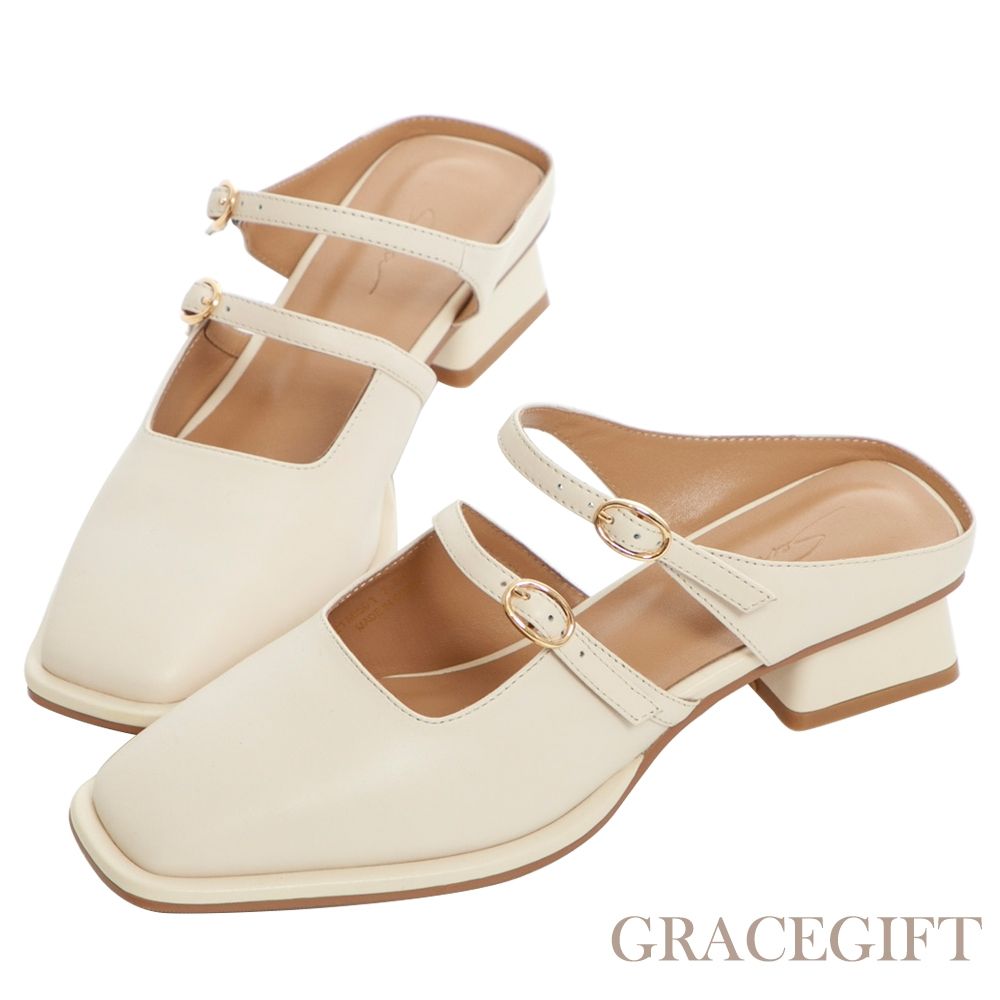 Grace gift X玄玄-聯名全真皮瑪莉珍方頭低跟穆勒鞋 米白