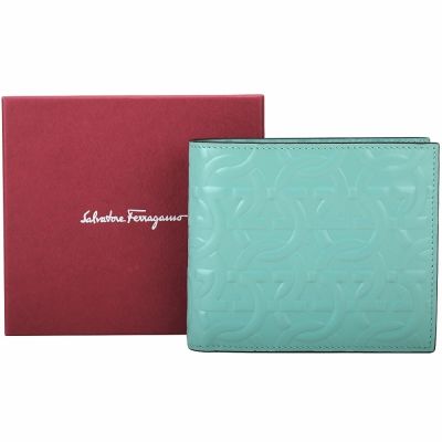 Salvatore Ferragamo GANCINI 馬蹄壓花小牛皮8卡對折短夾(湖水綠)