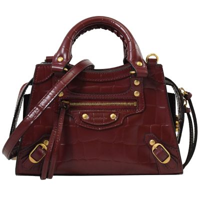 BALENCIAGA 巴黎世家 Neo Classic City Mini 金釦鉚釘鱷魚壓紋迷你手提兩用包(酒紅)