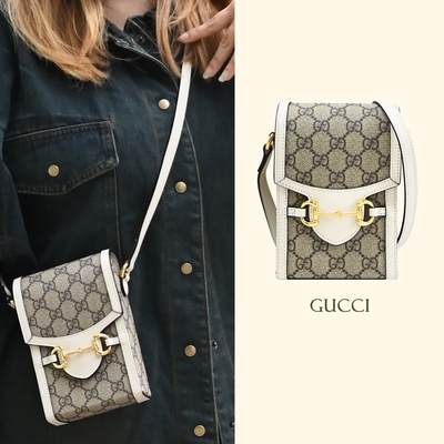 GUCCI 古馳 Horsebit 1955系列經典印花拼接斜背手機包/翻蓋小方包(駝/白邊)